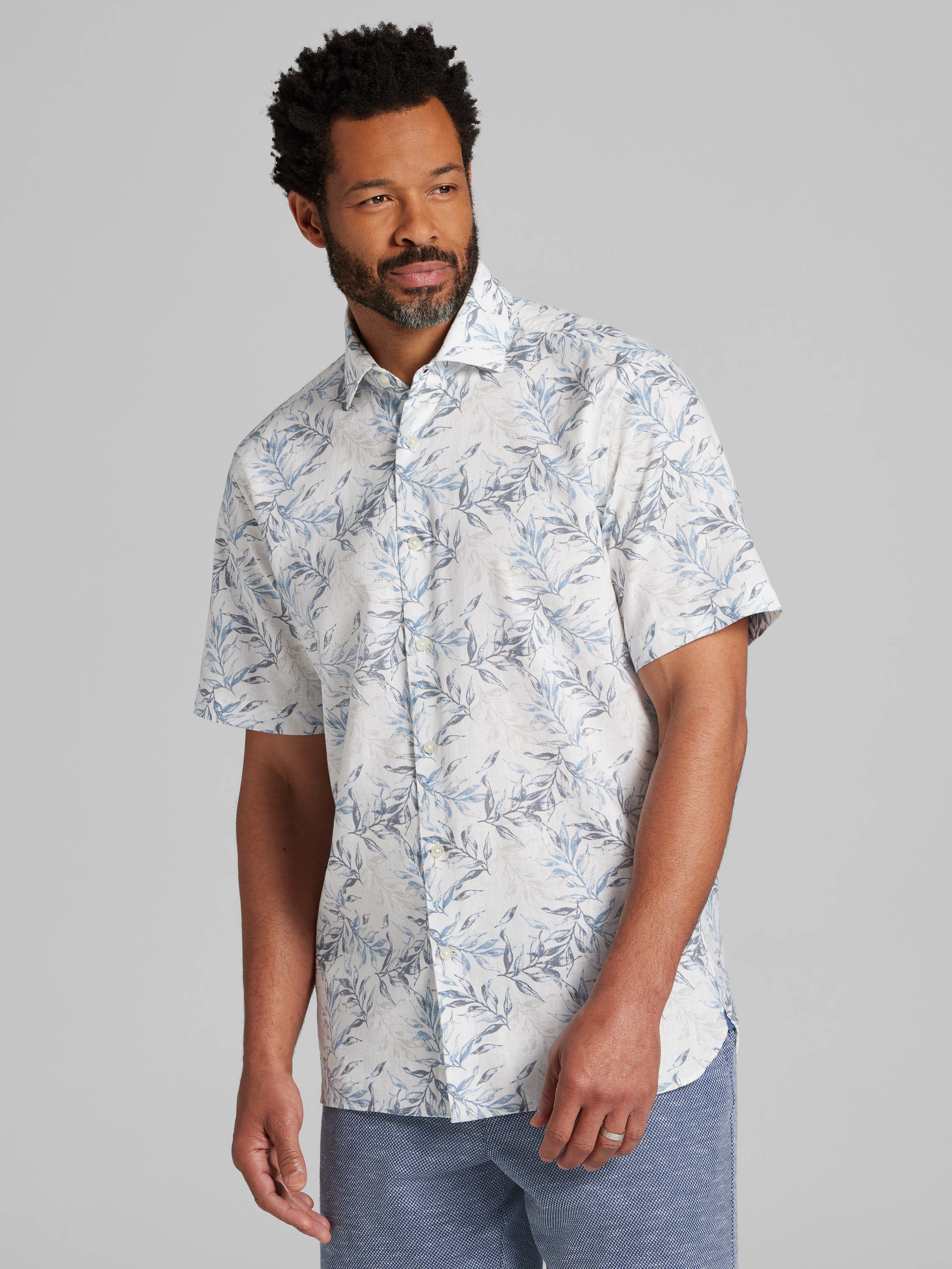 Modern Fit Short Sleeve Linen Blend Button Up Shirt