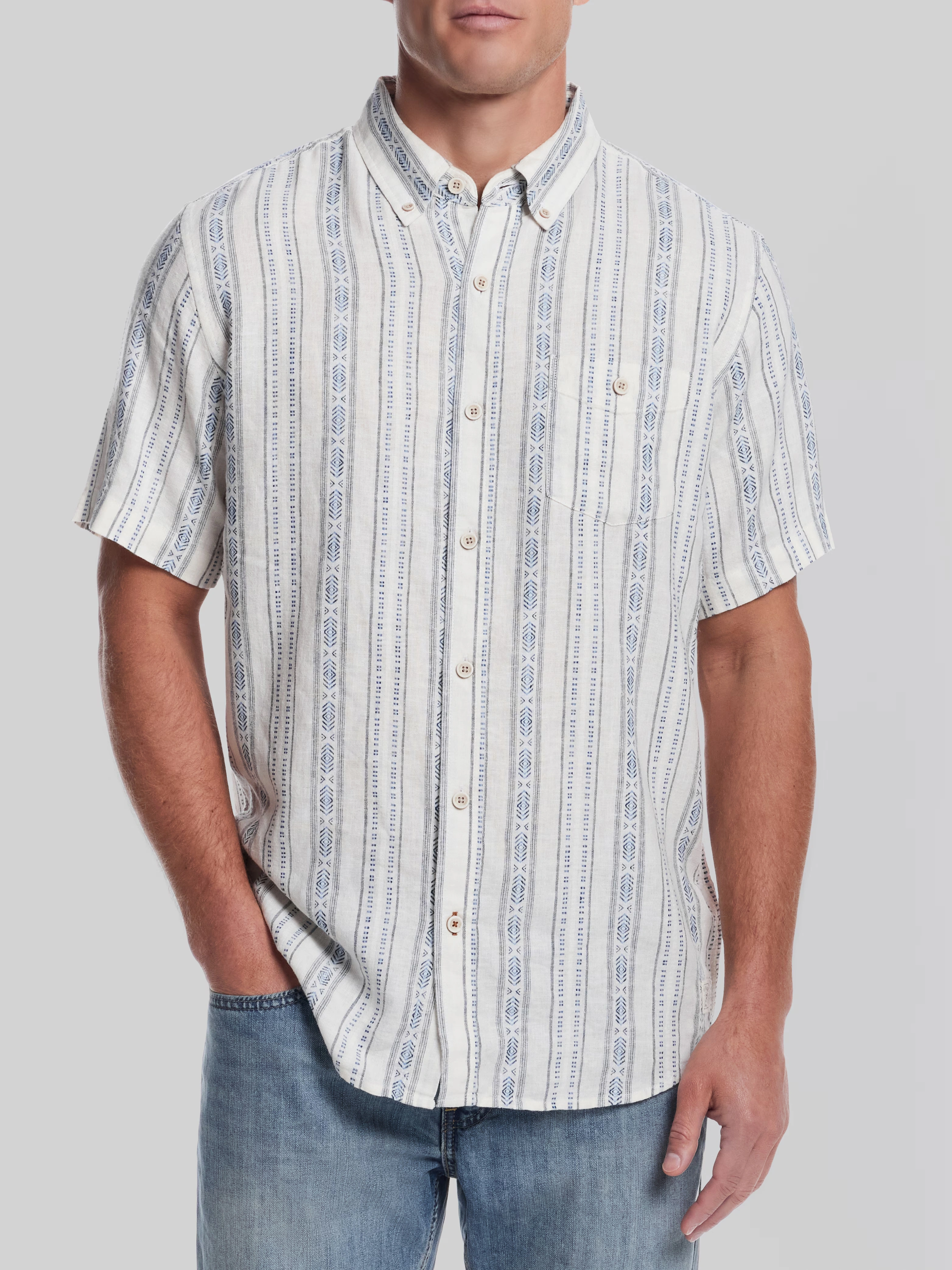Classic Fit Short Sleeve Linen Blend Dobby Button Up Shirt