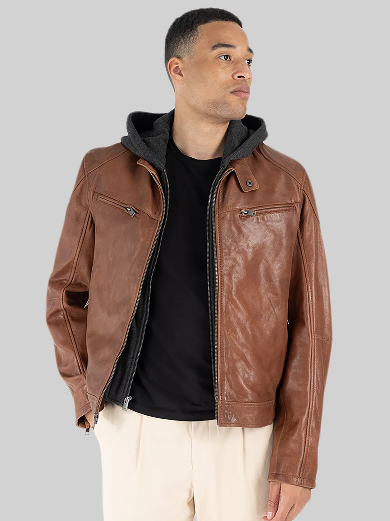 Leather Zip Bomber with Removeable Hood